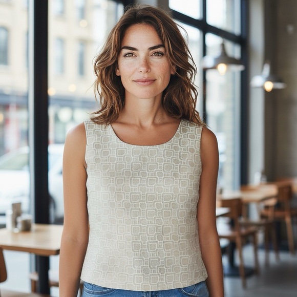 KASPER Sleeveless Cropped Top in a Geometric Pattern Light Beige & Ivory SZ 14P - Picture 1 of 13